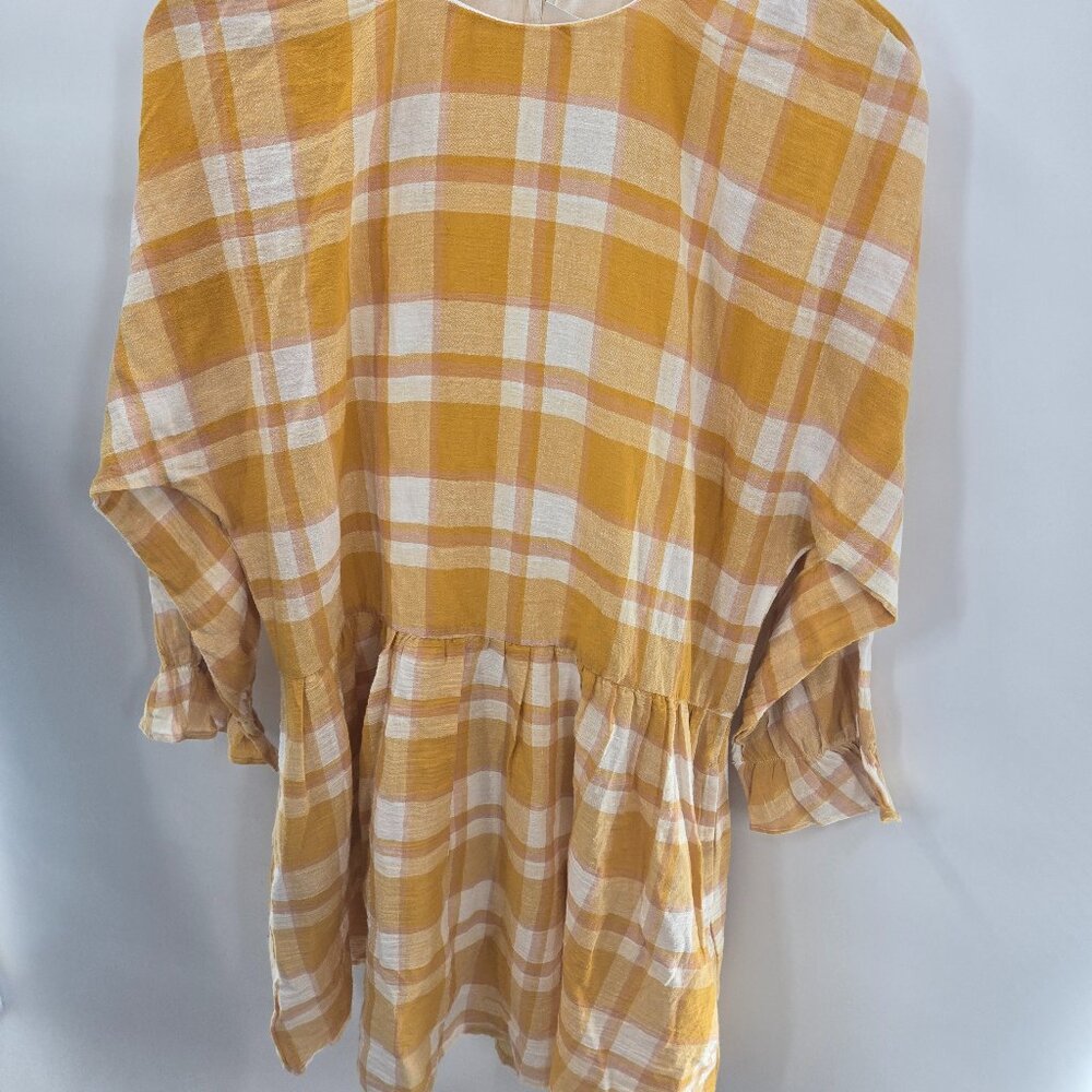 Mango MNG Mustard Yellow Checkered Gingham 100% Cotton Pockets Mini Dress XS